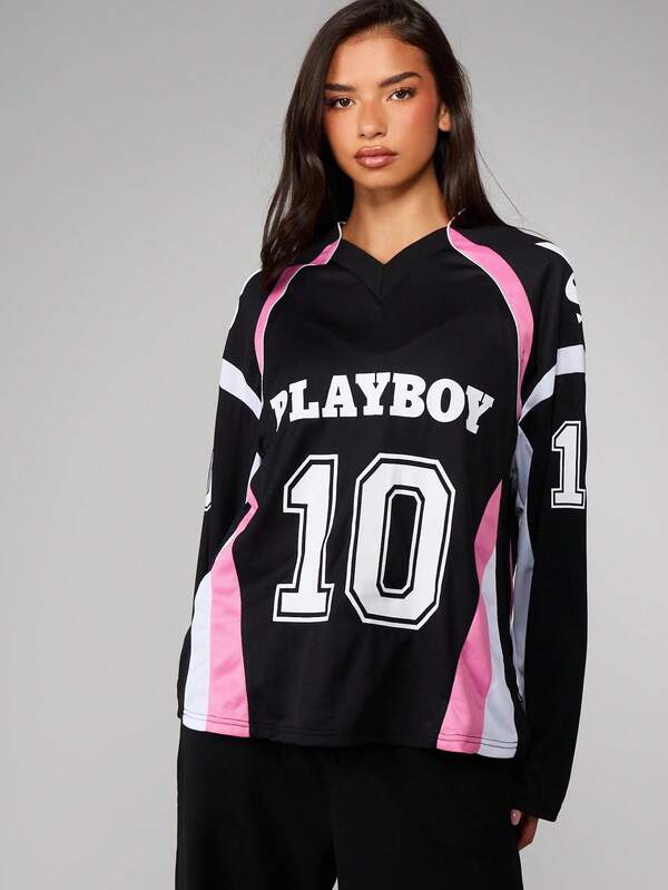 Missguided X Playboy Long Sleeve Jersey Top With Contrast Paneling