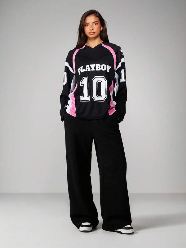 Missguided X Playboy Long Sleeve Jersey Top With Contrast Paneling