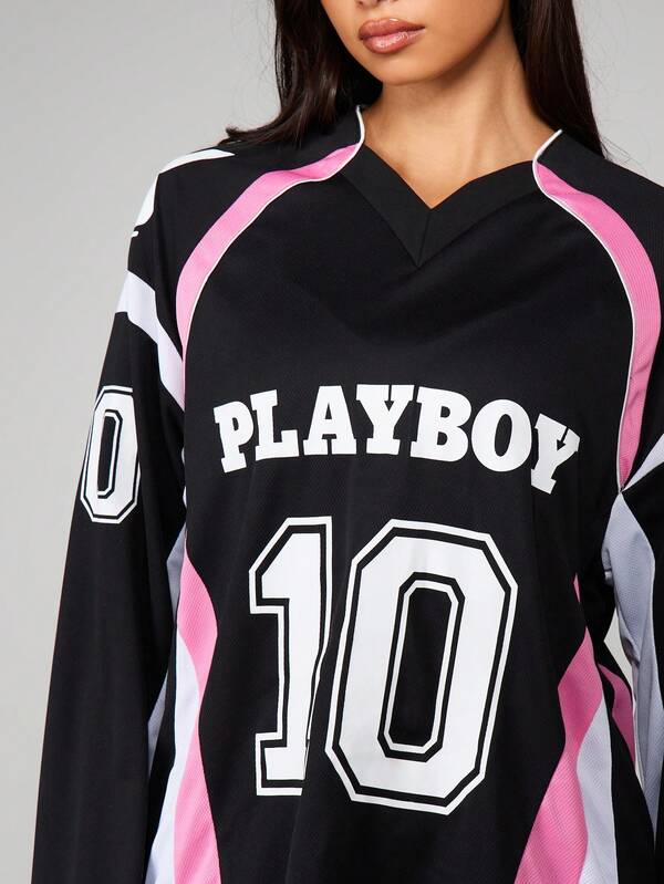 Missguided X Playboy Long Sleeve Jersey Top With Contrast Paneling