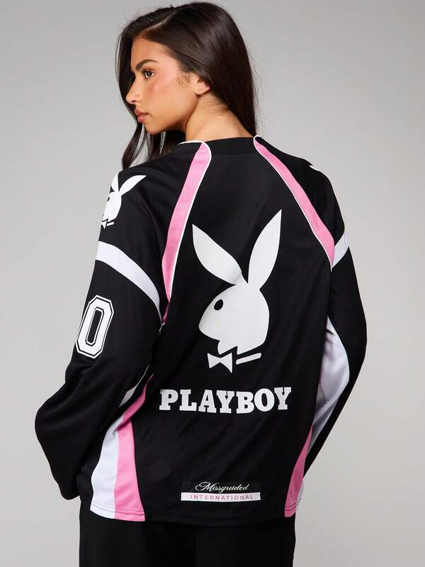 Missguided x Playboy Long Sleeve Jersey Top With Contrast Paneling