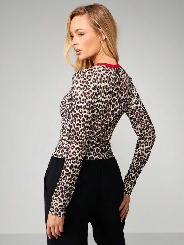 Missguided X Playboy Long Sleeve Leopard Print Top With Red Trim