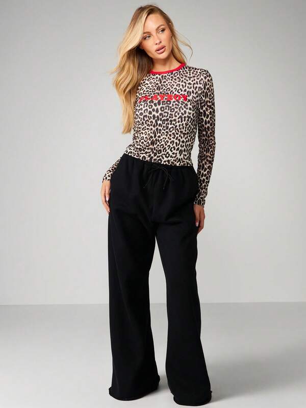 Missguided X Playboy Long Sleeve Leopard Print Top With Red Trim