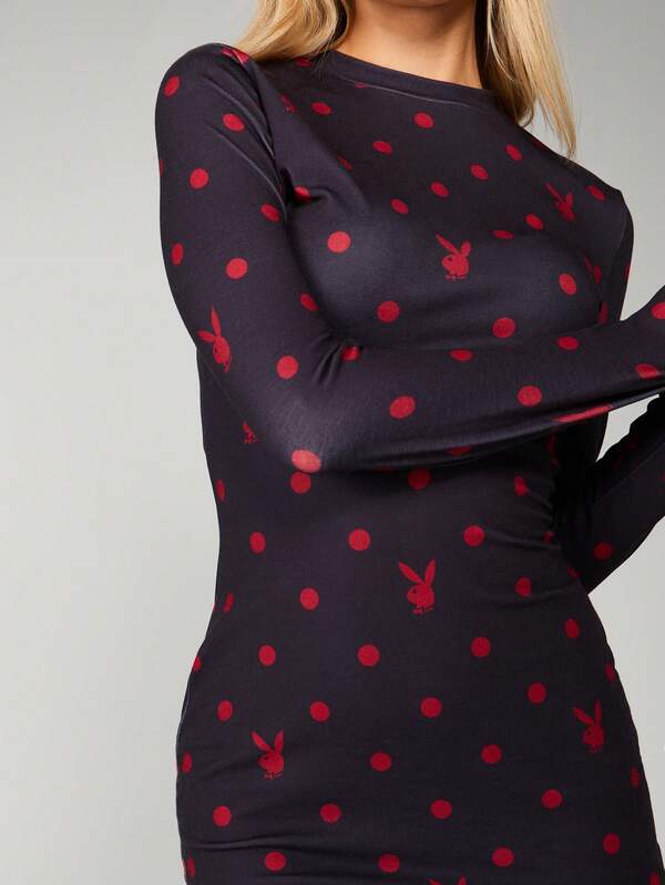 Missguided X Playboy Long Sleeve Polka Dot Bodycon Dress