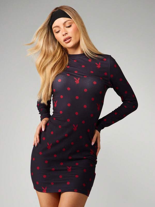 Missguided x Playboy Long Sleeve Polka Dot Bodycon Dress