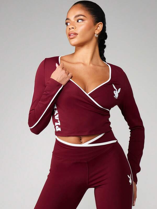 Missguided x Playboy Long Sleeve V Neck Crop Top With Contrast Trim