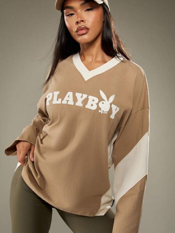 Missguided X Playboy Long Sleeve V Neck Sweatshirt With Logo Print