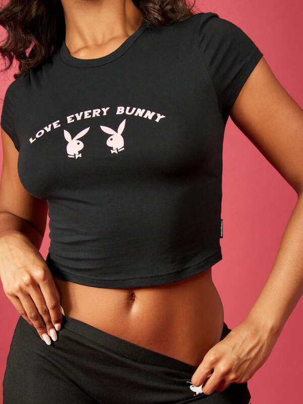 Missguided X Playboy Love Every Bunny Playful Graphic Print Short Sleeve Crop Baby Tee