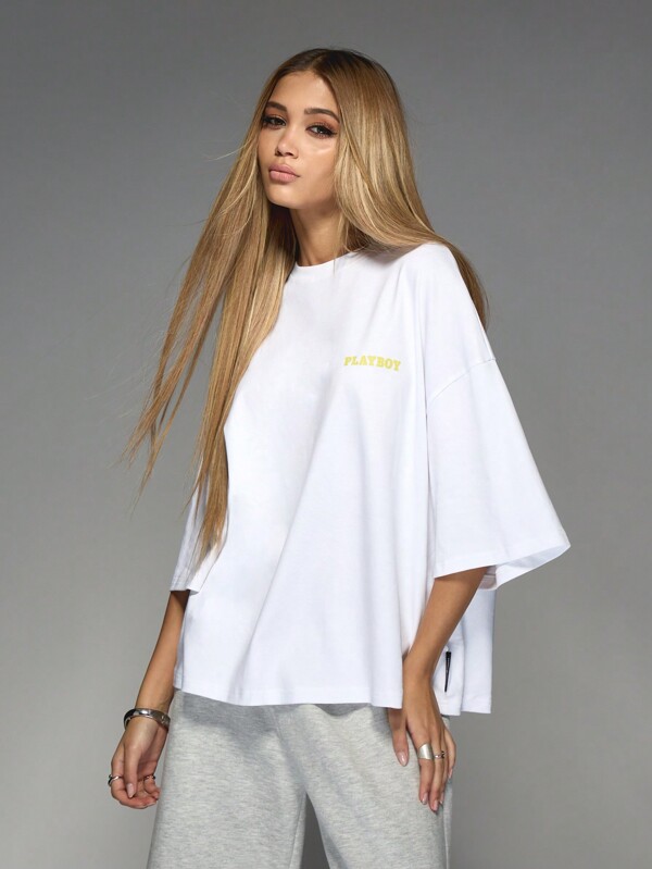 Missguided X Playboy Magazine Cover Graphic Print On Back Round Neck Drop Shoulder Boxy Sleeve Jersey T-Shirt
