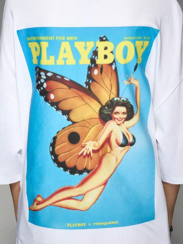 Missguided X Playboy Magazine Cover Graphic Print On Back Round Neck Drop Shoulder Boxy Sleeve Jersey T-Shirt