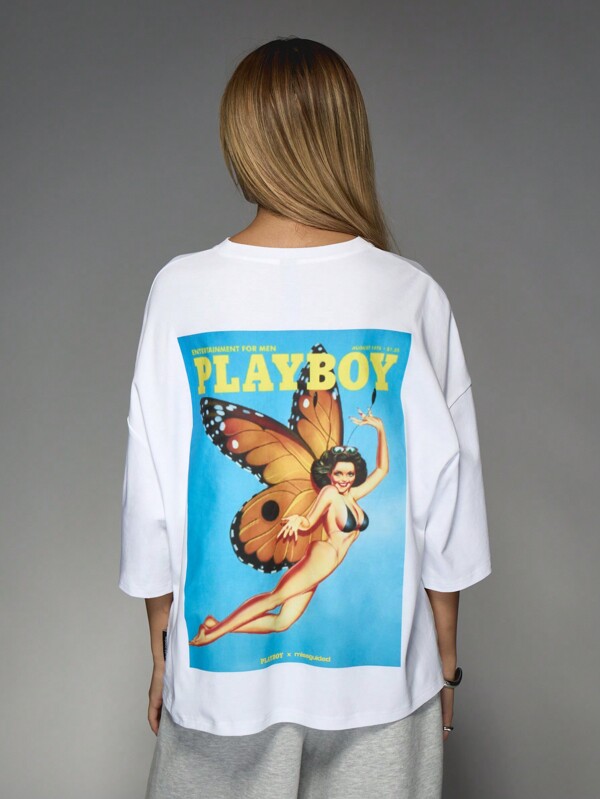 Missguided x Playboy Magazine Cover Graphic Print On Back Round Neck Drop Shoulder Boxy Sleeve Jersey T-Shirt
