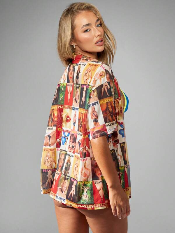 Missguided X Playboy Magazine Print Button Up Short Sleeve Mesh Oversized Blouse