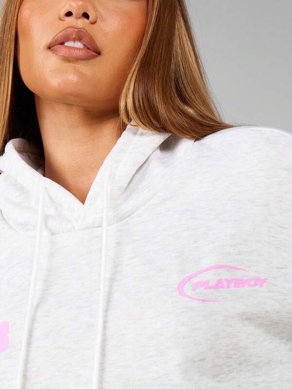 Missguided X Playboy Marl Hoodie With Motorsports Print
