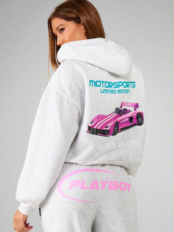 Missguided x Playboy Marl Hoodie With Motorsports Print