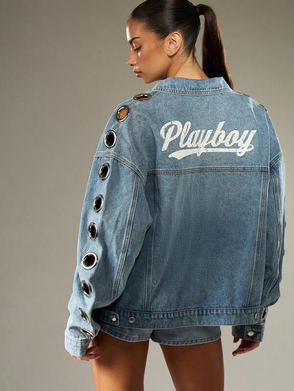 Missguided X Playboy Medium Wash Denim Jacket With Metal Eyelets And Logo
