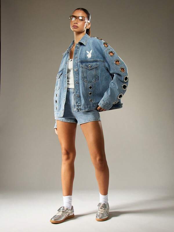 Missguided X Playboy Medium Wash Denim Jacket With Metal Eyelets And Logo