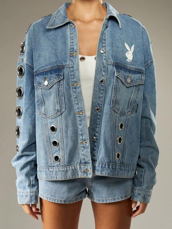 Missguided X Playboy Medium Wash Denim Jacket With Metal Eyelets And Logo