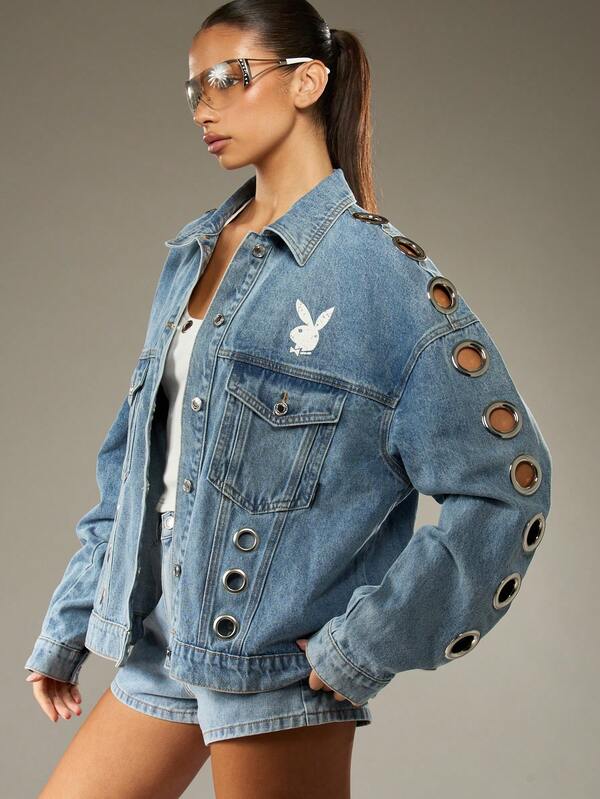 Missguided x Playboy Medium Wash Denim Jacket With Metal Eyelets And Logo