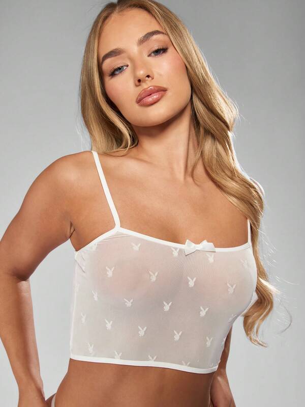 Missguided X Playboy Mesh Bralette And Thong With Bunny Print