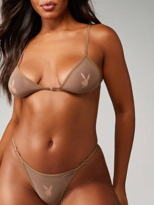 Missguided x Playboy Mesh Bralette And Thong With Bunny Logo