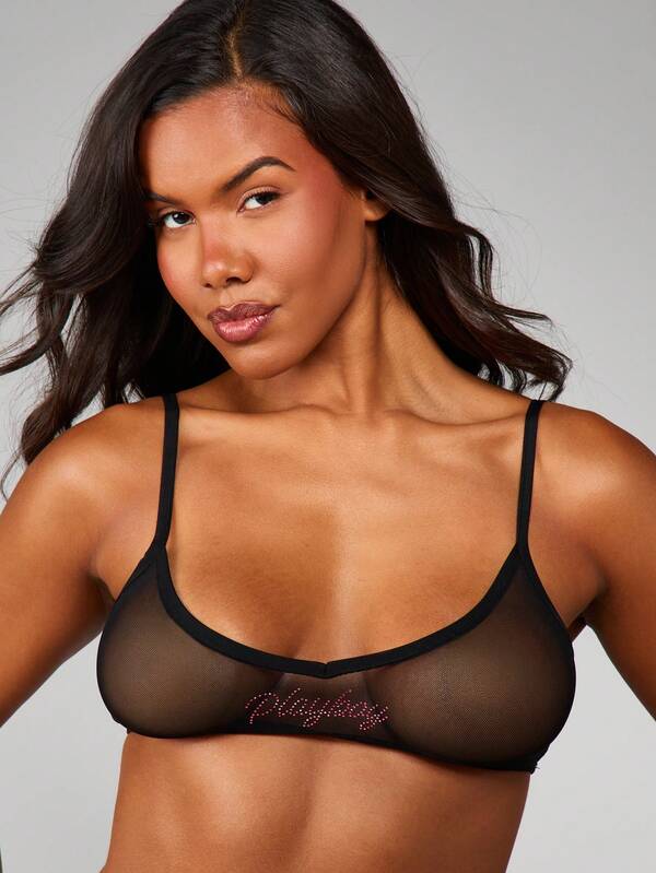 Missguided X Playboy Mesh Bralette With Rhinestone Hotfix Detail