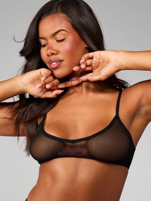 Missguided x Playboy Mesh Bralette With Rhinestone Hotfix Detail