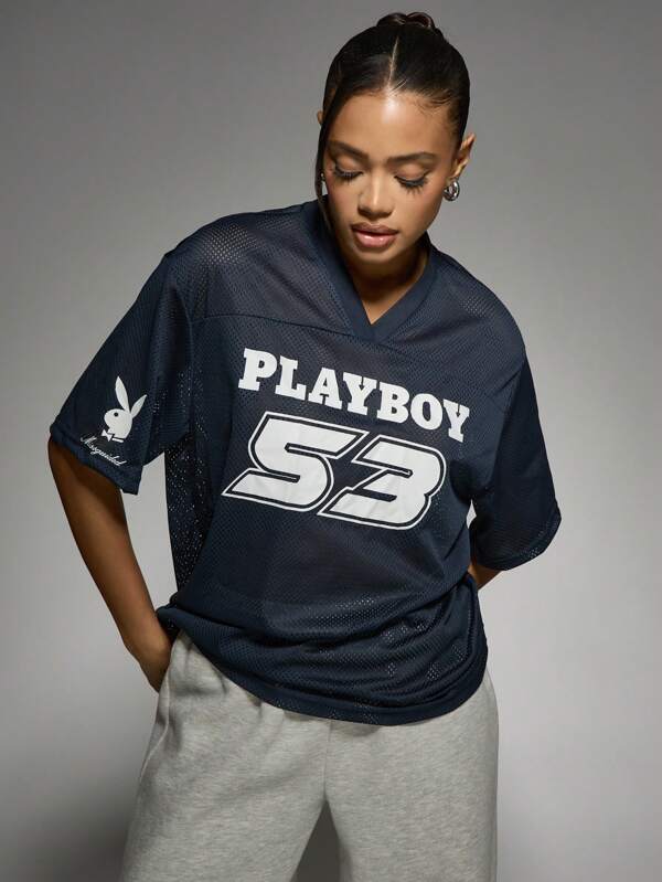 Missguided x Playboy Mesh Jersey Varsity Top With Sports Number Print