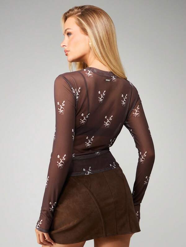 Missguided X Playboy Mesh Long Sleeve Top With Bunny Head Print