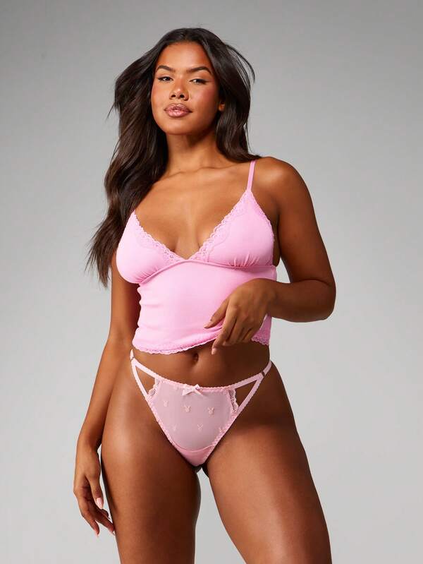 Missguided X Playboy Mesh Thong Panties With Lace Trim And Bunny Logo