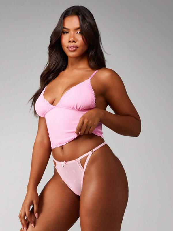 Missguided X Playboy Mesh Thong Panties With Lace Trim And Bunny Logo