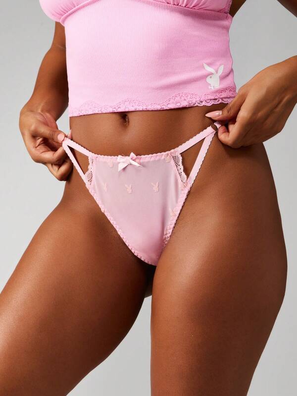 Missguided x Playboy Mesh Thong Panties With Lace Trim And Bunny Logo