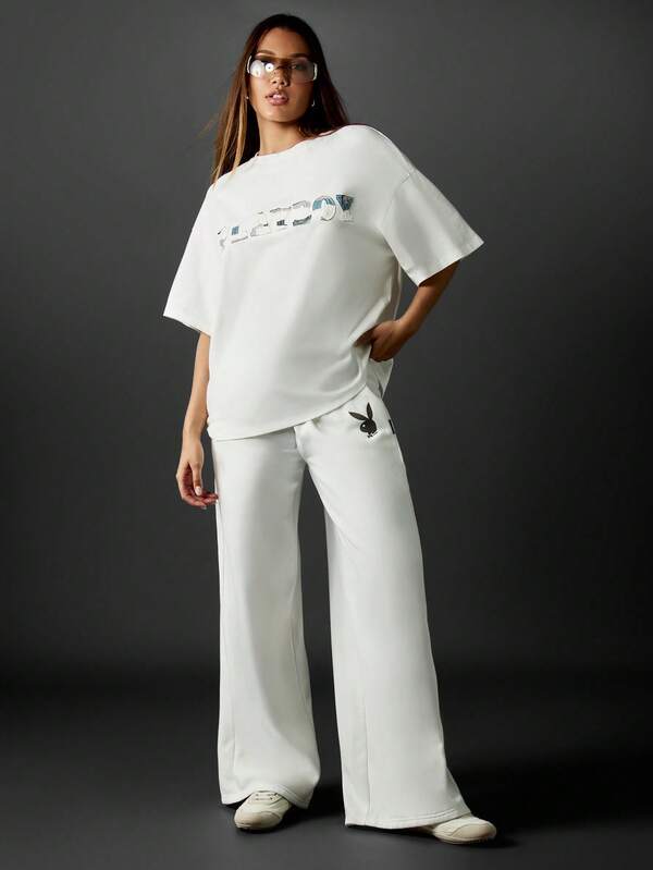 Missguided X Playboy Metallic Logo Oversized T-Shirt With Bunny Print