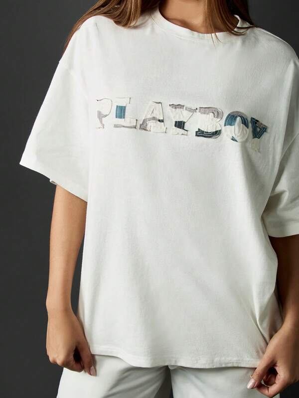 Missguided X Playboy Metallic Logo Oversized T-Shirt With Bunny Print
