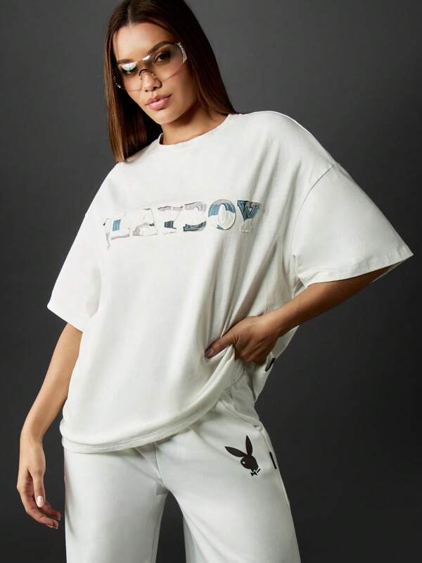 Missguided x Playboy Metallic Logo Oversized T-Shirt With Bunny Print