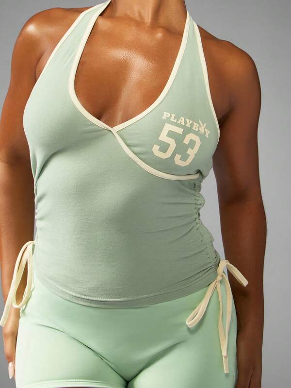 Missguided X Playboy Mint Green Halter Tank Top With Varsity Number