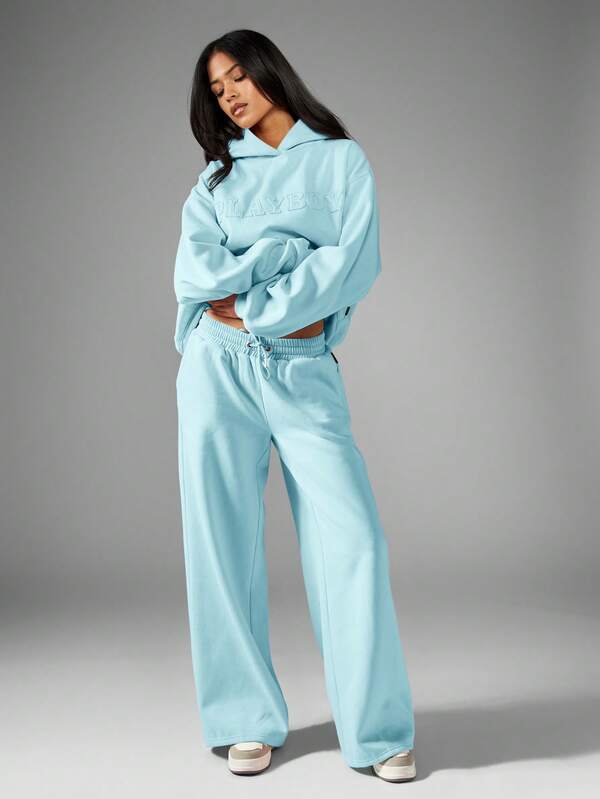 Missguided X Playboy MISSGUIDED Applique Embroidered Logo High Waist Wide Leg Comfortable Sweatpants