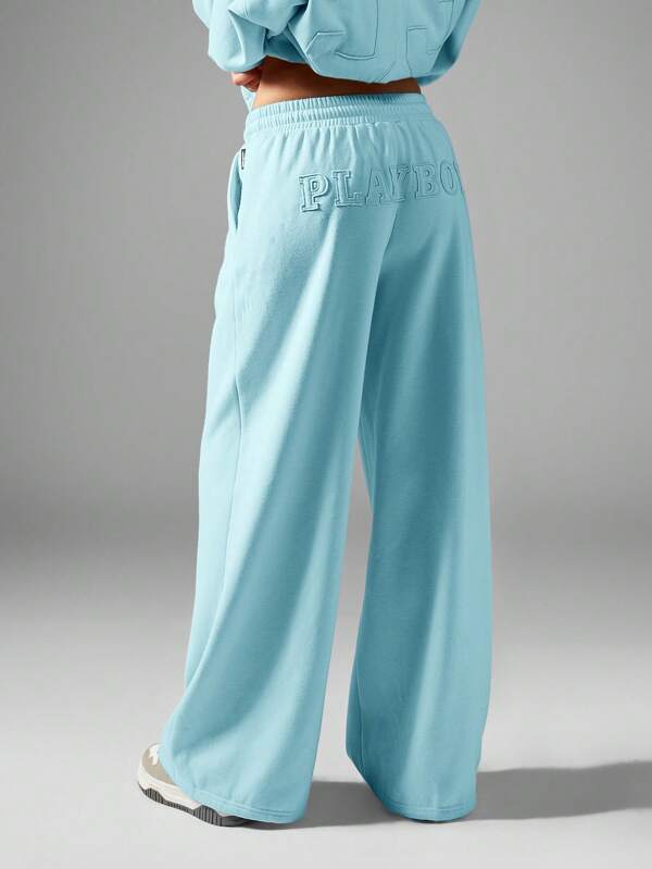 Missguided x Playboy MISSGUIDED Applique Embroidered Logo High Waist Wide Leg Comfortable Sweatpants