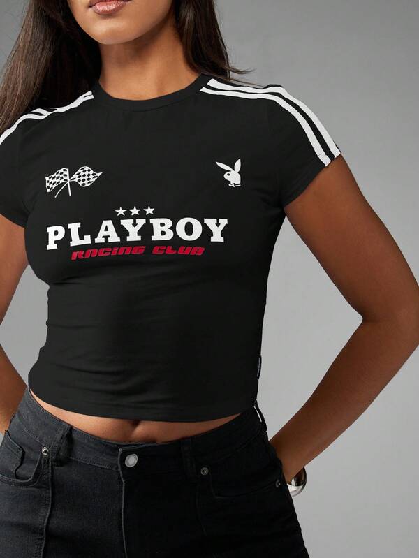 Missguided X Playboy MISSGUIDED Baby Tee Crop Top With Side Stripes And Racing Flag Logo