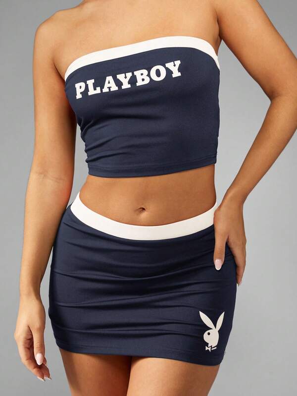 Missguided X Playboy MISSGUIDED Bandeau Crop Top And Mini Skirt With Contrast Band