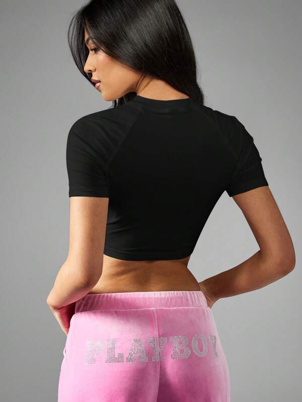 Missguided X Playboy MISSGUIDED Bunnies At Play Short Sleeve Crop Top