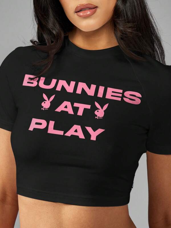 Missguided X Playboy MISSGUIDED Bunnies At Play Short Sleeve Crop Top