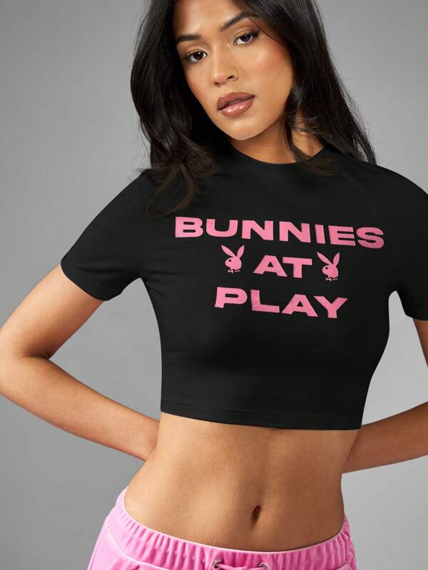 Missguided x Playboy MISSGUIDED Bunnies At Play Short Sleeve Crop Top