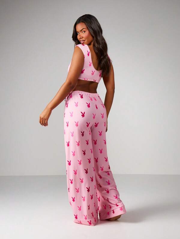 Missguided X Playboy MISSGUIDED Bunny Print Crop Top With Wide Leg Pajama Set