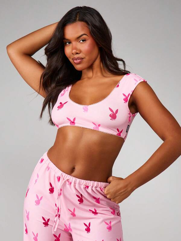Missguided X Playboy MISSGUIDED Bunny Print Crop Top With Wide Leg Pajama Set