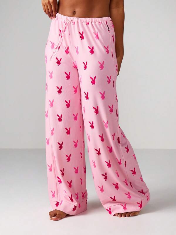 Missguided X Playboy MISSGUIDED Bunny Print Crop Top With Wide Leg Pajama Set