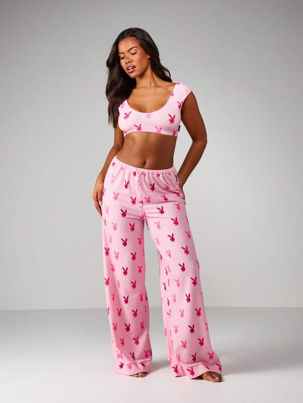 Missguided x Playboy MISSGUIDED Bunny Print Crop Top With Wide Leg Pajama Set