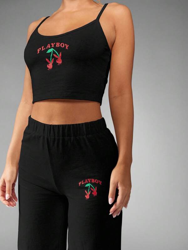 Missguided X Playboy MISSGUIDED Cami Crop Top And Wide Leg Pants Pajama Set