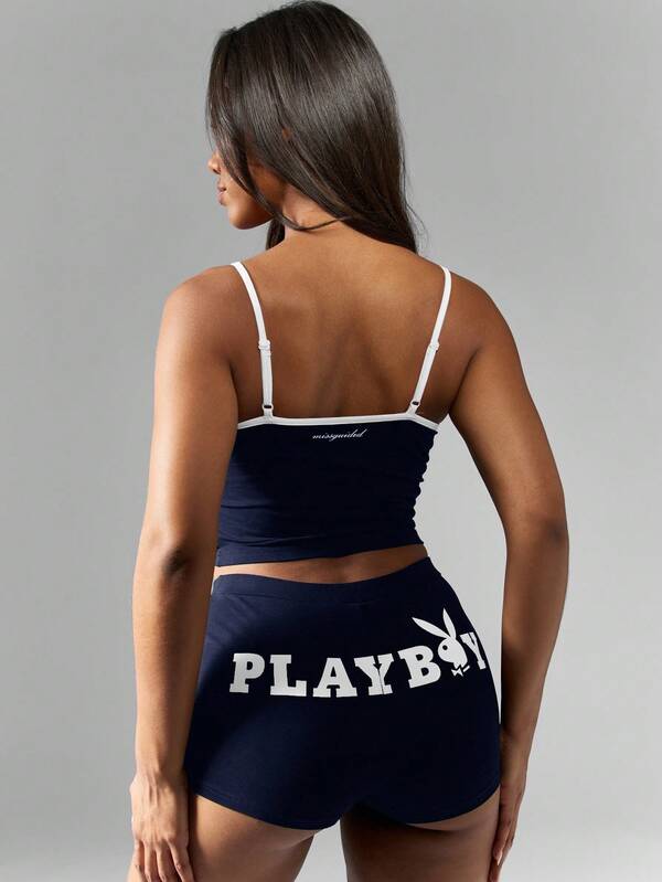 Missguided X Playboy MISSGUIDED Cami Crop Top And High Waist Shorts With Logo Design
