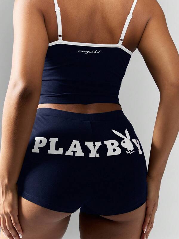 Missguided X Playboy MISSGUIDED Cami Crop Top And High Waist Shorts With Logo Design