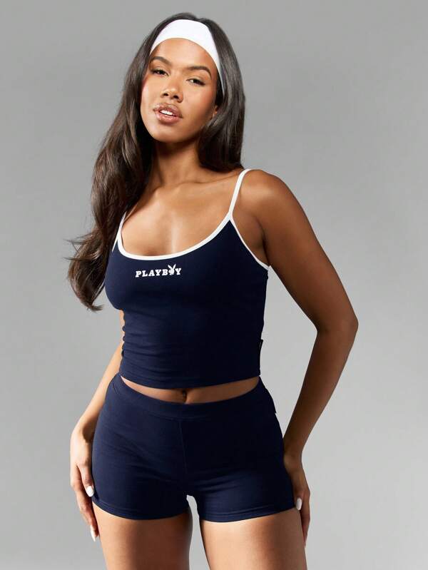Missguided x Playboy MISSGUIDED Cami Crop Top And High Waist Shorts With Logo Design