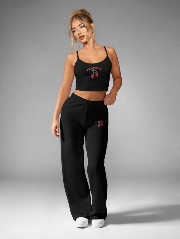 Missguided x Playboy MISSGUIDED Cami Crop Top And Wide Leg Pants Pajama Set